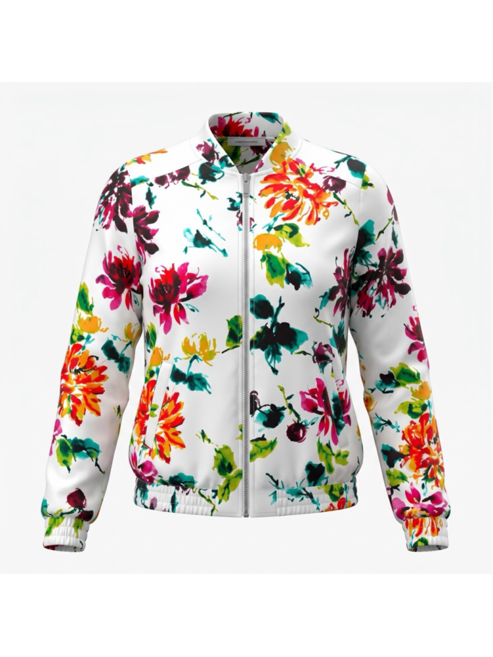 Susan Graver Bomber Jacket White Floral Band Collar Full Zip Winter Womens 2XS